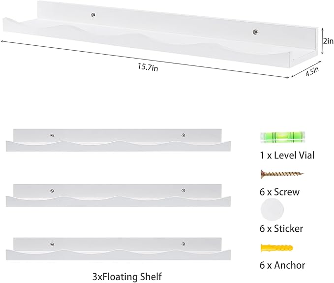 AZSKY Floating Bookshelf for Kids, Picture Ledge Shelf for Wall Decor and Storage 16 Inches Nursery Book Shelves Set 3, Baby Book Shelf for Kids Room Decor(White)