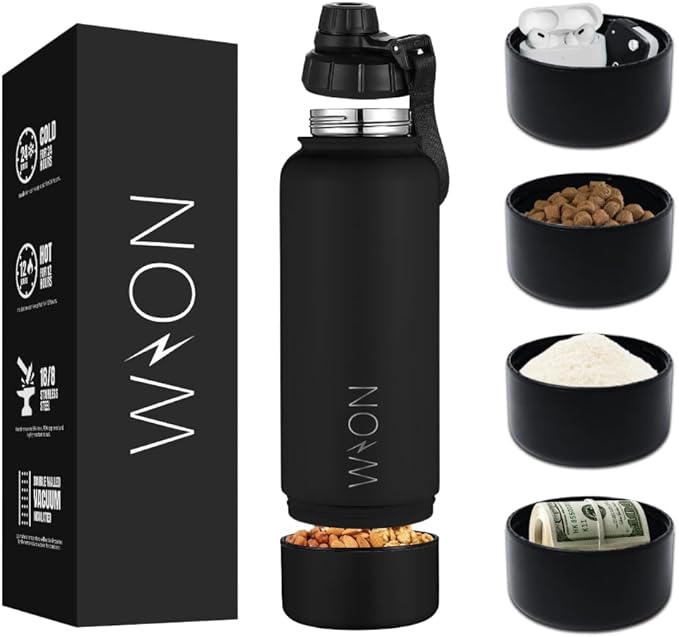 WON Stainless Steel Insulated Water Bottle with Storage Compartment for Dog Food, Snack, Pills, Keys, Cash and Valuables - 32oz Metal Vacuum Flask for Cold & Hot Drinks - Diversion Safe Water Bottle