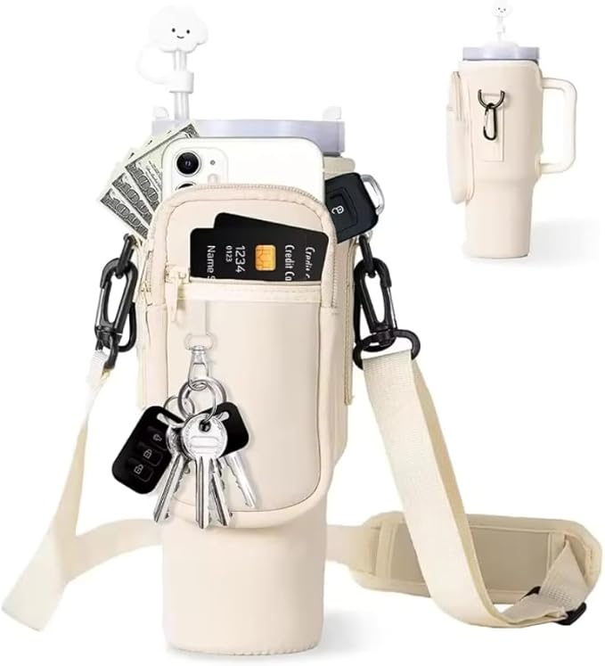 Prime Choice 30oz / 40oz Water Bottle Holder Sleeve Water Bottle Sling Carrier Bag Compatible With 30 40oz Stanley Cup Tumbler and Simple Modern Tumbler (Rose Cream)