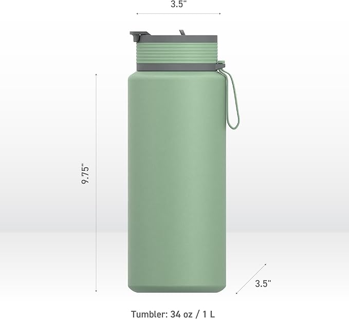 Asobu Boulder Puramic™ Insulated Sport Water Bottle with Dual Function Flip Open and Straw Lid for Hot Coffee and Cold Ice Coffee with Ceramic Coating 34 oz (Basil Green)