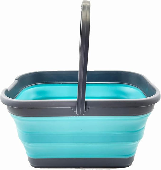 SAMMART 12L (3.1 Gallon) Collapsible Rectangular Handy Bucket/Multiuse Foldable Water Pail for Camping, Fishing (Grey/Crystal Blue)