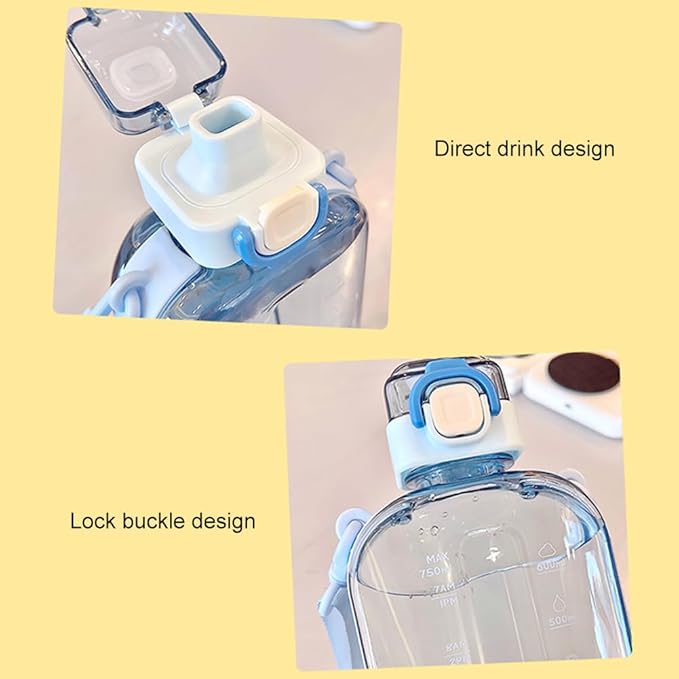 750ML Square Transparent Water Bottle, Cute Sports Water Jug with Adjustable Strap, Portable Motivational Water Bolttles for Travel, Hiking and Outdoor Workouts