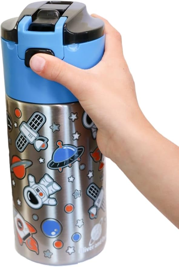 Kids insulated water bottle with straw and snack cup. Double wall stainless steel 14oz (blue and black astronaut)
