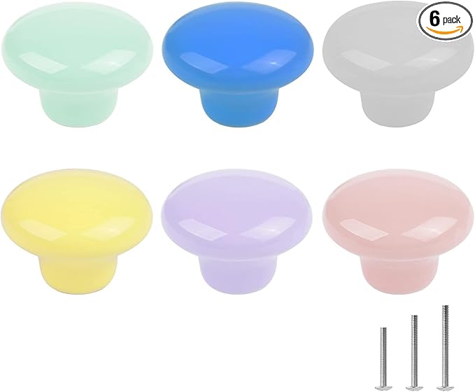 6X Colorful Cute Glossy Ceramic Knobs Round Mushroom Shape Lovely Door Pull Knob Cabinet Closet Ceramic Drawer Cupboard Kitchen Dresser Kids Child Bedroom Pulls Wardrobe