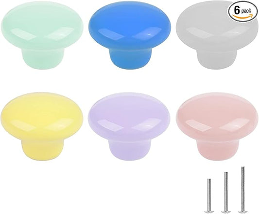 6X Colorful Cute Glossy Ceramic Knobs Round Mushroom Shape Lovely Door Pull Knob Cabinet Closet Ceramic Drawer Cupboard Kitchen Dresser Kids Child Bedroom Pulls Wardrobe