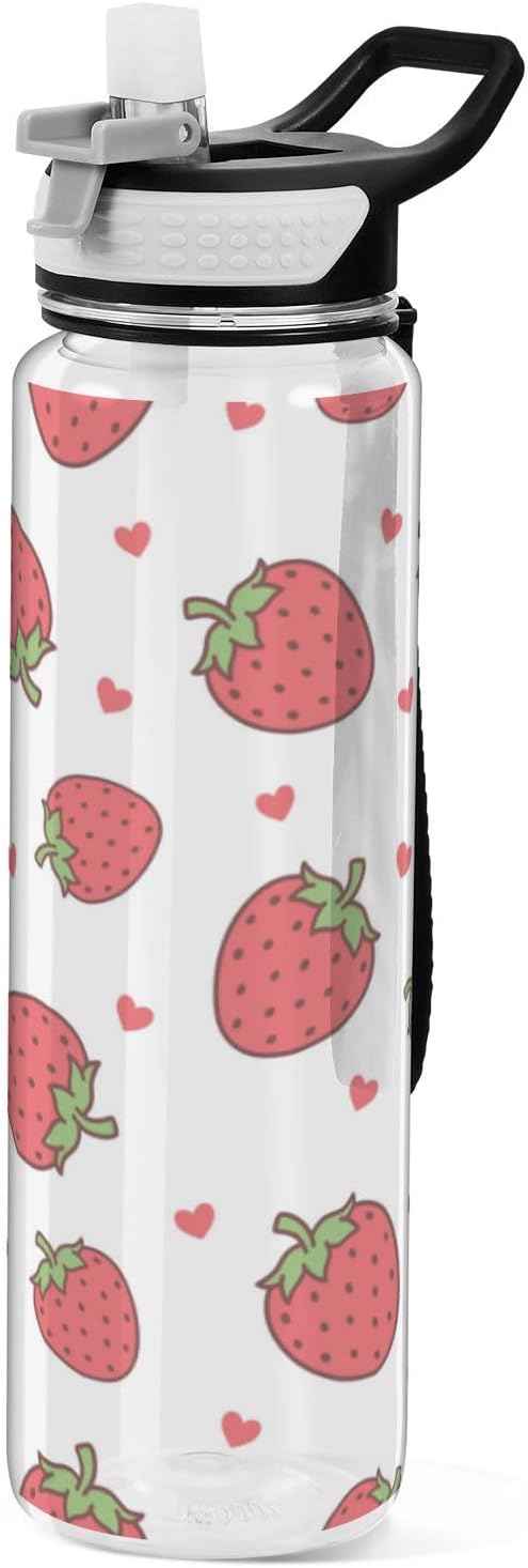 Strawberry Water Bottle with Straw Cartoon Heart Sports Bottles BPA-Free Tritan Water Jug with Carrying Strap for Gym Office Outdoor Sports