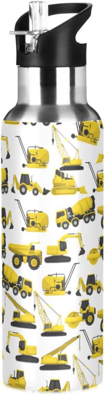 Construction Truck Excavator Bulldozer Stainless Steel Water Bottle with Straw Lid - 20 Oz Sports Insulated Water Bottle Thermos for Sport Gym Outdoor Travel School (DZ005)