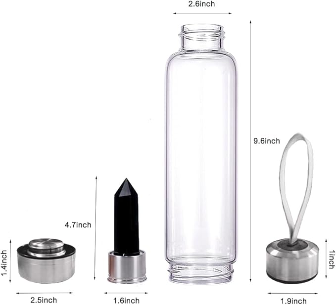 Crystal Glass Water Bottle,Water Bottle With Gemstone Center Crystal Elixir Bottle,Removable Gemstones Creative Water Cup Crystal Column Magic Wand Energy Cup for Gifts (A-Obsidian)
