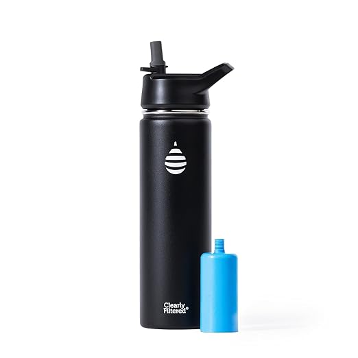 Clearly Filtered 20oz Water Bottle/Targets 220+ Contaminants/Double-Wall Insulated Stainless Steel Filtered Water Bottle BPA/BPS-Free Phthalate-Free Filters Fluoride Lead Chlorine (Black)