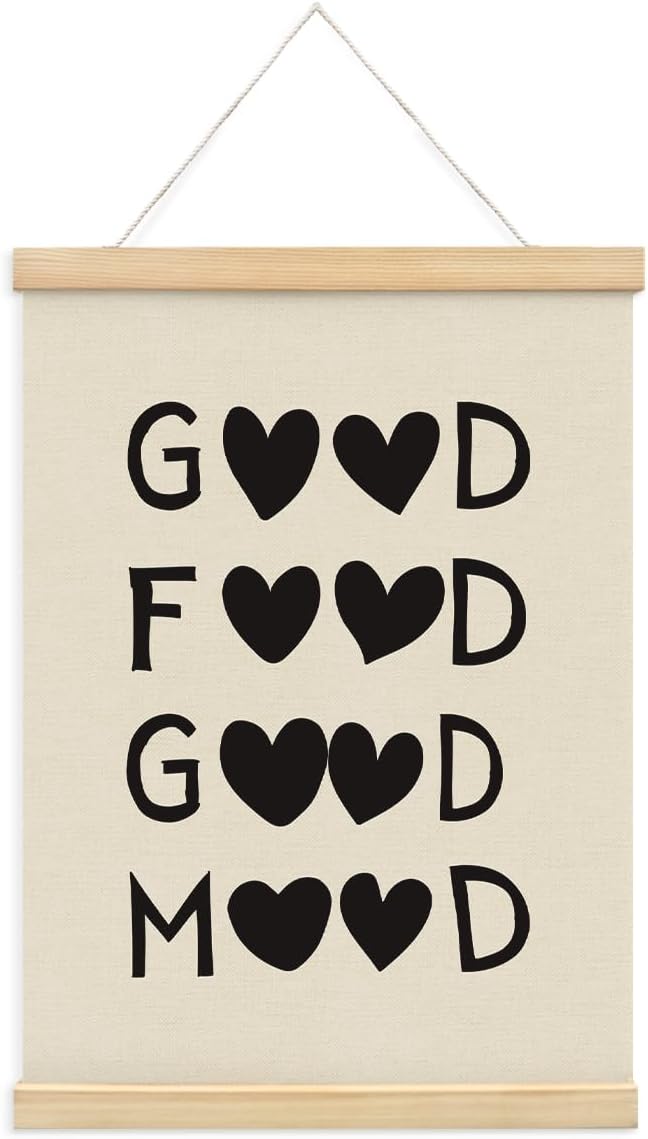 BIWSHA Good Food Good Mood Canvas Poster Framed Hanger 12x16 Inch,Funny Black Heart Kitchen Quotes Decor，Funny Words Poster，Kitchen Dining Room Decor