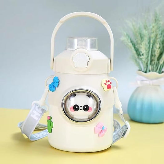 Cute Water Bottle with Strap and Straw 22oz Aesthetic Kawaii Water Bottles BPA-free Leak-proof Insulated Water Bottles for Girls Sports Travel(White), 3.93*6.69 inch