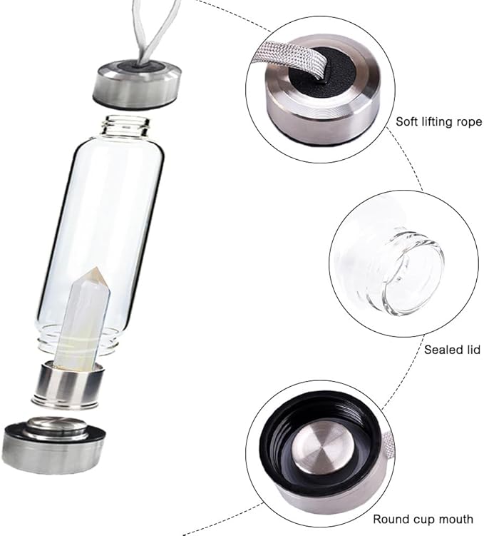 Crystal Glass Water Bottle,Water Bottle With Gemstone Center Crystal Elixir Bottle,Removable Gemstones Creative Water Cup Crystal Column Magic Wand Energy Cup for Gifts (P-Yellow Smelting Stone)