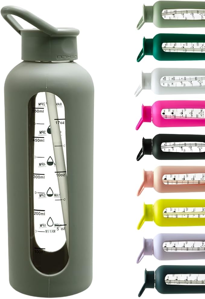 Mayim 24 Oz Glass Tumbler with Straw and Handle, Reusable Motivational Glass Water Bottle with Silicone Sleeve and Time Marker, Leak Proof Borosilicate Water Bottle -Grey
