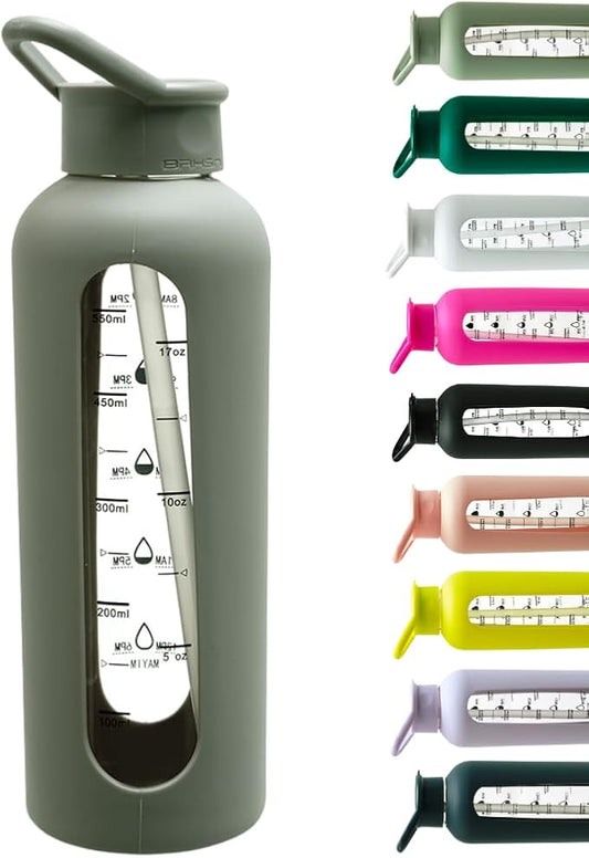 Mayim 24 Oz Glass Tumbler with Straw and Handle, Reusable Motivational Glass Water Bottle with Silicone Sleeve and Time Marker, Leak Proof Borosilicate Water Bottle -Grey