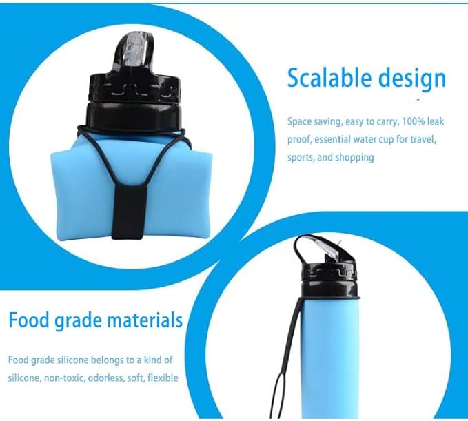 Collapsible Water Bottles 20oz, Leak Proof, BPA-Free, Foldable Silicone Travel Water Bottle for Cycling, Hiking, Outdoors Sapphire Blue