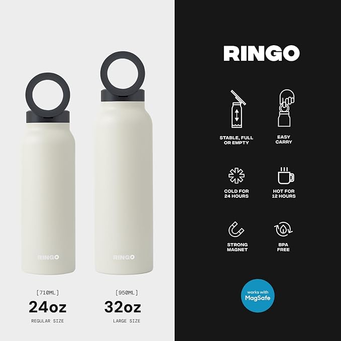 Ringo Insulated Water Bottle - Compatible MagSafe Water Bottle w/Phone Holder - Stainless Steel School Water Bottle w/Magnetic Phone Mount for Kids & Adult-Hot 12H, Cold 24H 360° Rotate - Ivory 24oz
