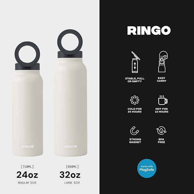 Ringo Insulated Water Bottle - Compatible MagSafe Water Bottle w/Phone Holder -Stainless Steel School Water Bottle w/Magnetic Phone Mount for Kids & Adult - Hot 12H, Cold 24H 360° Rotate -Ivory 32oz