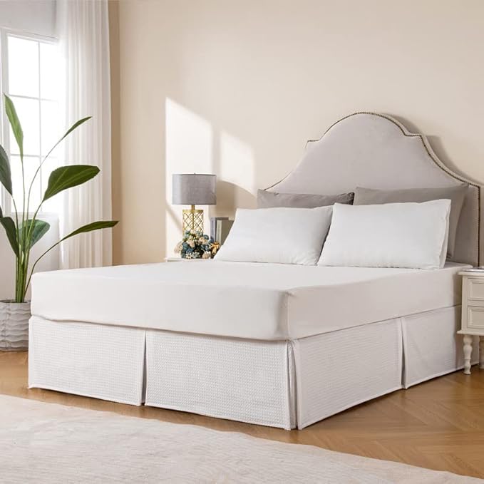 MIYE Pleated Waffle Weave Bed Skirt, Tailored Dust Ruffle 12 Inch Drop Easy Fit, Machine Washable (White,Cal King - 12" Drop)