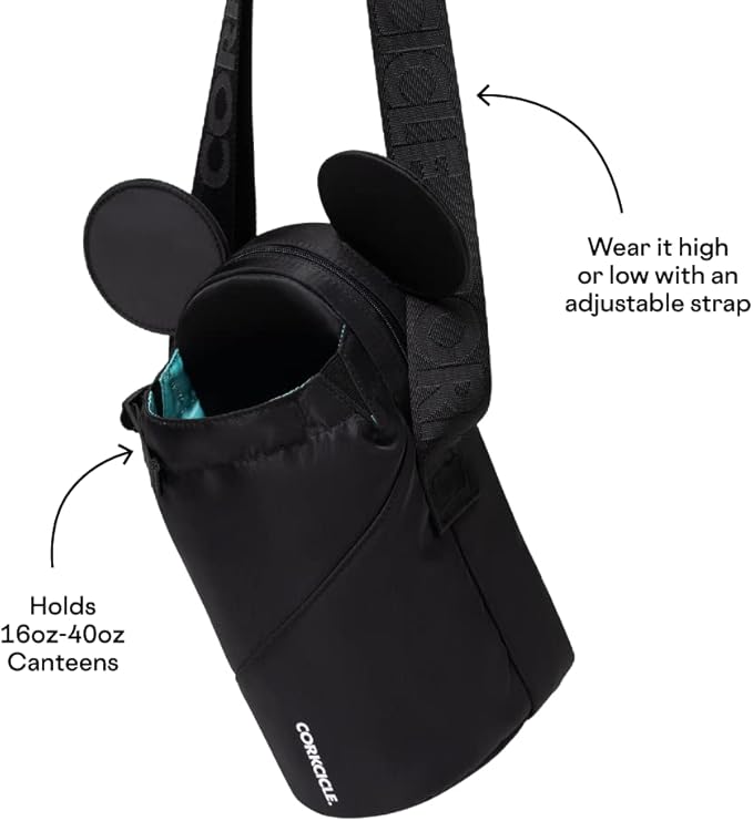 Corkcicle x Disney Minnie Mickey Mouse Ears Crossbody Water Bottle Sling Bag, Black, Fits 16-40 oz Tumbler – Secure Items in Water Bottle Holder with Strap
