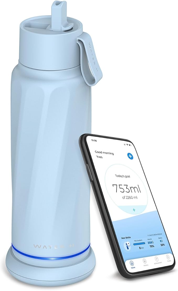 Insulated Smart Water Bottles with Straw, Intake Tracker, Water Safety Analyzer, LED Reminder, BPA Free, 18 oz Double Wall Vacuum Stainless Steel Thermos (Flip Lid + Straw, Ivory White)