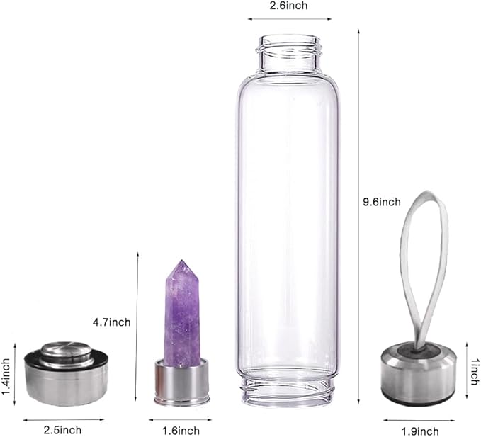 Crystal Glass Water Bottle,Water Bottle With Gemstone Center Crystal Elixir Bottle,Removable Gemstones Creative Water Cup Crystal Column Magic Wand Energy Cup for Gifts (Q-Amethyst)