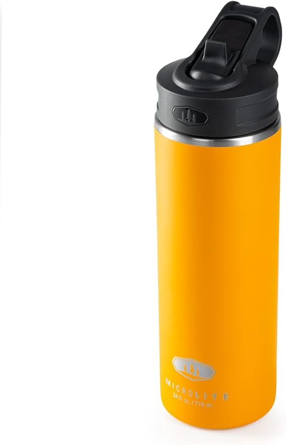 GSI Outdoors, Microlite Water Bottle with Straw Lid, Vacuum-Insulated Stainless Steel, for Camping, 24 oz. Mineral Yellow