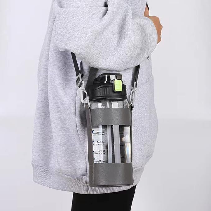 48oz Borosilicate Glass Water Bottle with Straw and Time Marker, Large Sport Water Jug with Adjustable Strap for Men Women (Green)