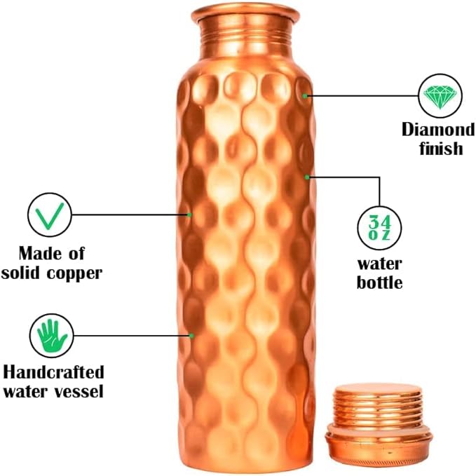 Copper Water Drinking Bottle Ayurvedic Health Benefits Diamond Pattern Water Bottle (1 Bottle)