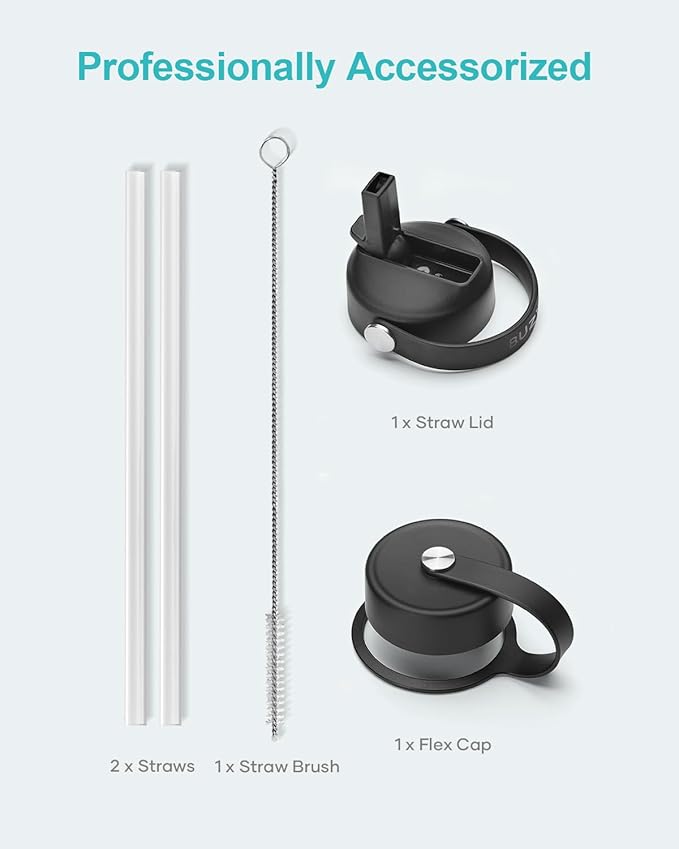 BUZIO 22oz Insulated Water Bottle with Straw Lid and Flex Cap, Wide Mouth Vacuum Insulated Stainless Steel Double Wall Water Flask,Cold for 48 Hrs Hot for 24 Hrs Simple Thermo Canteen Mug, Black