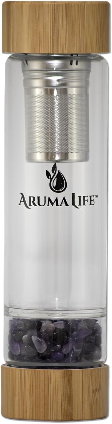 Crystal Water Bottle with a Loose-Leaf Tea or Fruit Infuser, Safe for Hot and Cold Drinks, Eco-friendly & Plus BONUS Protective Sleeve & Extra Set of Crystals (Aventurine & Amethyst)