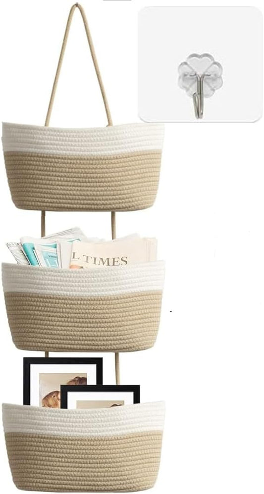 Hanging Baskets for Organizing,Bathroom Organizers and Storage,3-Tier Woven Cotton Wall-Mounted Storage Organizer Bag Decorative,Kitchen,Living Room,Bedroom,Nursery