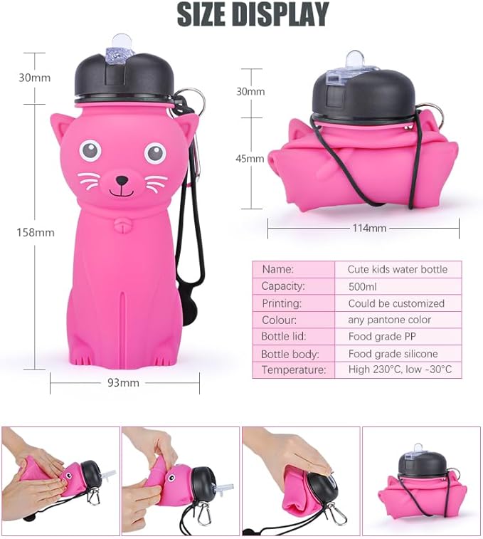 Collapsible Silicone Water Bottle，kawaii water bottle,500ml(16.9 oz),cute water bottles For Girls,School,Sports,Hiking, Backpacking, Camping, Walking, BPA Free(cute bear)
