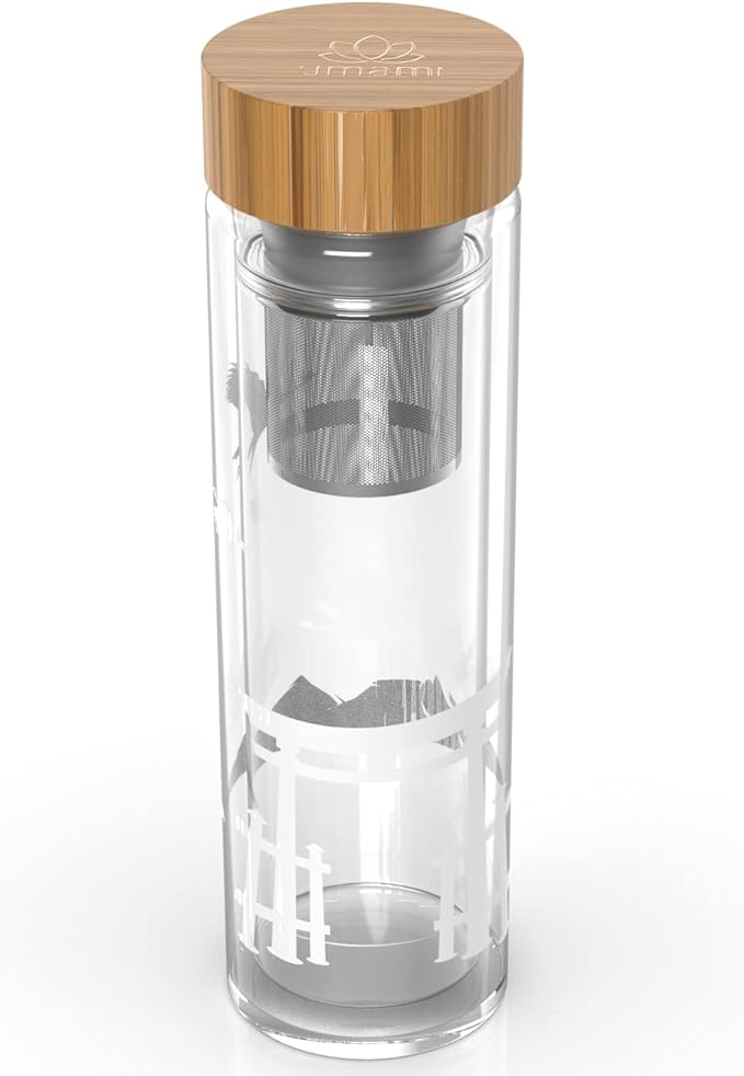 Umami Glass Water Bottle With Tea Infuser And Non Slip Sleeve. Double Wall Borosilicate. Travel Tumbler With Bamboo Lid. 17oz. Design: Torii (Clear Torii)