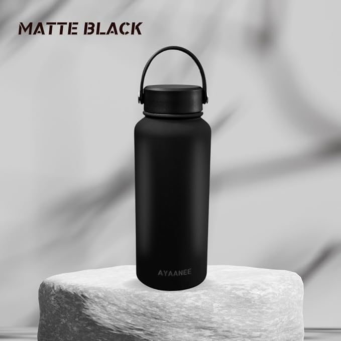 32 OZ Double Wall Stainless Steel Vacuum Bottle Insulated Water Bottles Outdoor Sports Bottle with Handle Lid, Spill-Proof, Hike, School, Hydration, Ivory, Black, Pale Green, Lavender (Black)