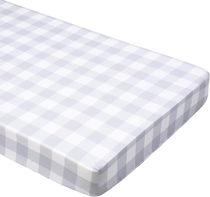 JISEN Baby Crib Sheet 1 Piece Portable Fitted Crib Sheet for Standard Crib and Toddler Mattresses Nursery Bed Decor for Boys Girls 28x52 Inch Grid Grey White