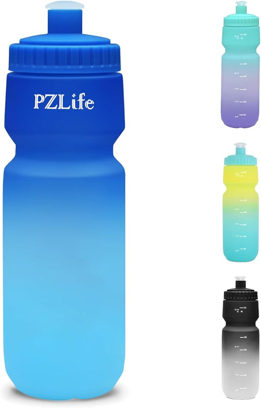 BPA Free Bike Water Bottles, 24 oz Cycling Squeeze Water Bottle - Easy Squeeze, w/Pull Top Lid, Leak Proof Sport Water Bottle with Capacity Scale, for Cycling, Gym