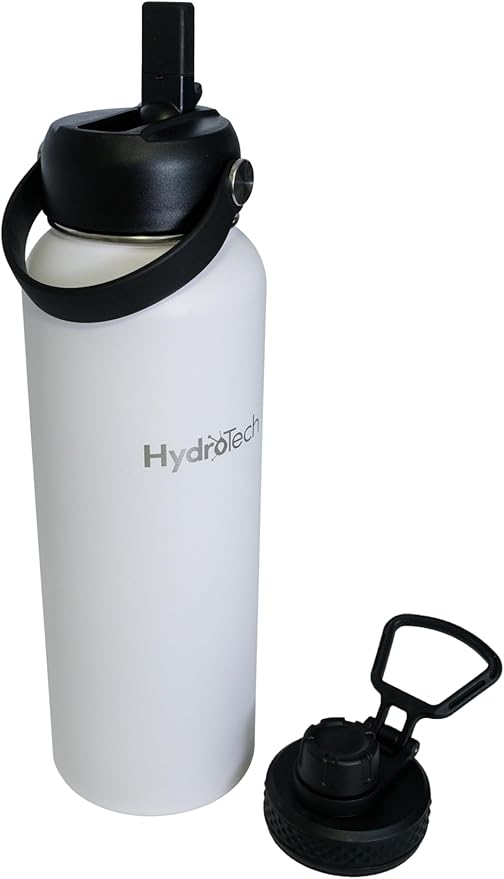 HydroTech Stainless Steel Leak Proof Water Bottle with Double Wall Insulation and 2 Lids (Straw Lid) - 40 OZ. (White)