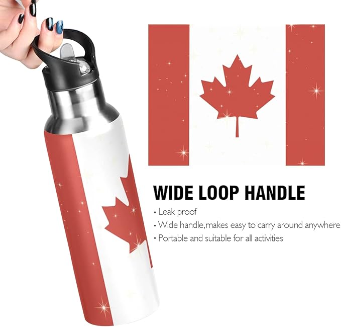 Canadian Flag Sports Water Bottle, Double Wall Vacuum Insulated Stainless Steel Water Bottle with Straw Keeps Hot and Cold, Bike Running Sports Travel Gym 20oz