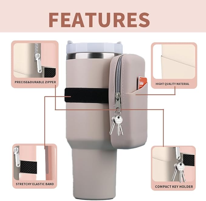 Water Bottle Pouch Silicone Gym Tumbler Accessories for Stanley Quencher Stanley IceFlow Simple Modern tumbler20 oz 30 oz 40 oz, with Pocket for Storage for Phone, Card, Key, Wallet (Khaki)