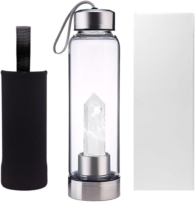Crystal Glass Water Bottle,Water Bottle With Gemstone Center Crystal Elixir Bottle,Removable Gemstones Creative Water Cup Crystal Column Magic Wand Energy Cup for Gifts (I-White Crystal)