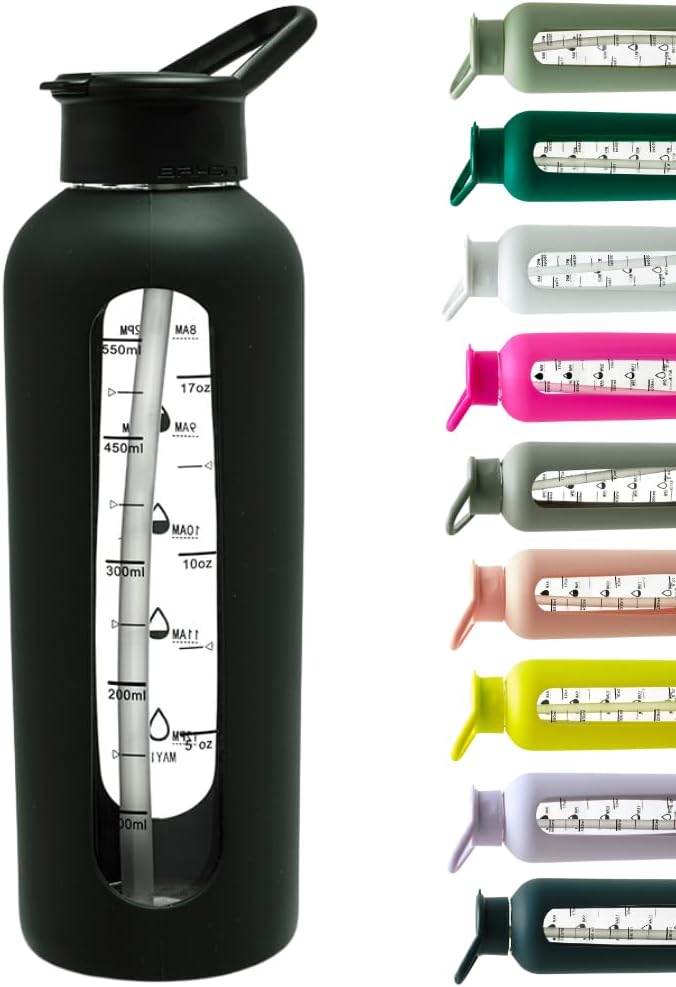 Mayim 24 Oz Glass Tumbler with Straw and Handle, Reusable Motivational Glass Water Bottle with Silicone Sleeve and Time Marker, Leak Proof Borosilicate Water Bottle -Slate