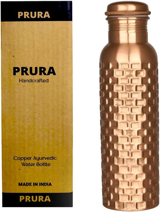 Handcrafted Pure Copper Drinking Water Bottle |Copper Water Bottle with Lid - Ayurvedic Copper Water Bottle with Copper Vessel - Drink More Water Bottle Bricks Designed -30 Oz