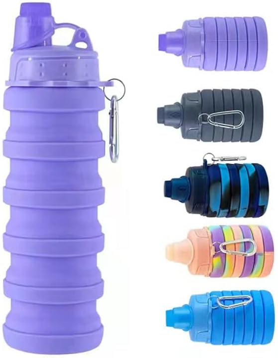 Collapsible Water Bottle Travel Water Bottle Portable Hiking Water Bottle with Leak proof Twist Cap 500ML Reusable BPA Free Silicone Water Bottles (Style1, Purple)