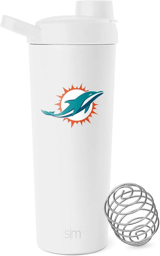 Simple Modern Officially Licensed NFL Miami Dolphins Stainless Steel Shaker Bottle with Ball 24oz | Metal Insulated Cup for Protein Mixes, Shakes and Pre Workout | Rally Collection | Miami Dolphins