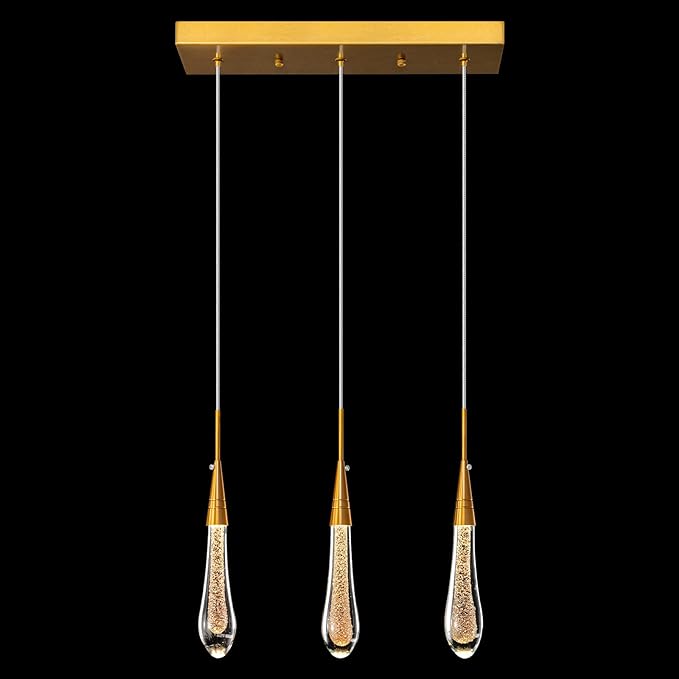 LMQNINE 3 Light Gold Pendant Light Ceiling Dimmable LED Modern Kitchen Light Fixtures Mini Teardrop Crystal Pendant Light for Kitchen Island Bedroom Hallway Entryway