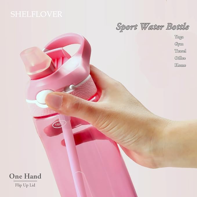 SHELFLOVER Pink Water Bottle With Narrow Straw, BPA FREE Clear Bottles With Handle One Hand Use Easy Carried, Flip Up, Suit School, Office, Gym, Office For Women 24oz (750ml)