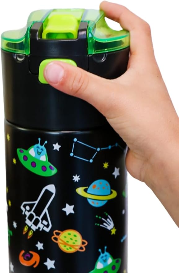 Kids insulated water bottle with straw and snack cup. Double wall stainless steel 14oz (black and green space)