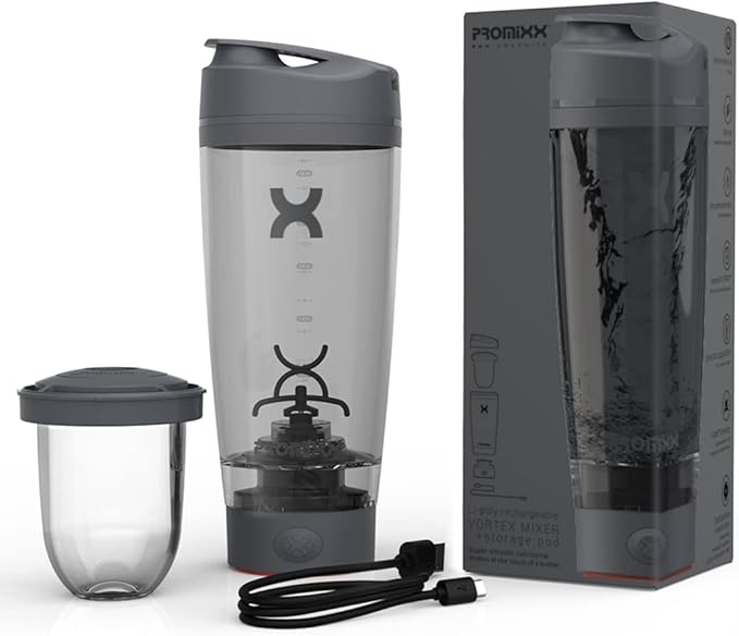 Promixx Pro Shaker Bottle | Rechargeable, Powerful for Smooth Protein Shakes | includes Supplement Storage - BPA Free | 20oz Cup (Graphite Gray)