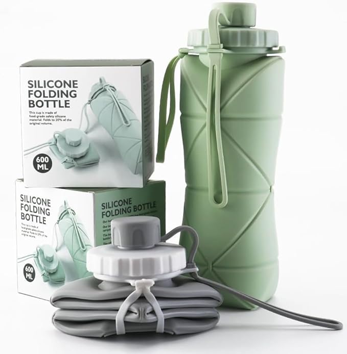 Silicone Foldable Water Bottles For Travel,Lightweight, Leakproof, and Reusable Perfect for Travel, Camping, Yoga, and Outdoor Sports,BPA Free, 20 oz （Green and grey）
