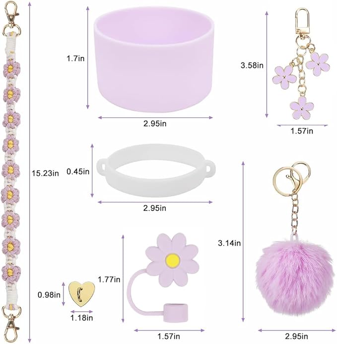 7PCS Water Bottle Cup Accessories Set for Stanley Cup 40oz & 30oz Tumbler, Including Water Bottle Handle Strap, Silicone Cup Boot, Silicone Straw Cover, Keychain Charm (Purple)